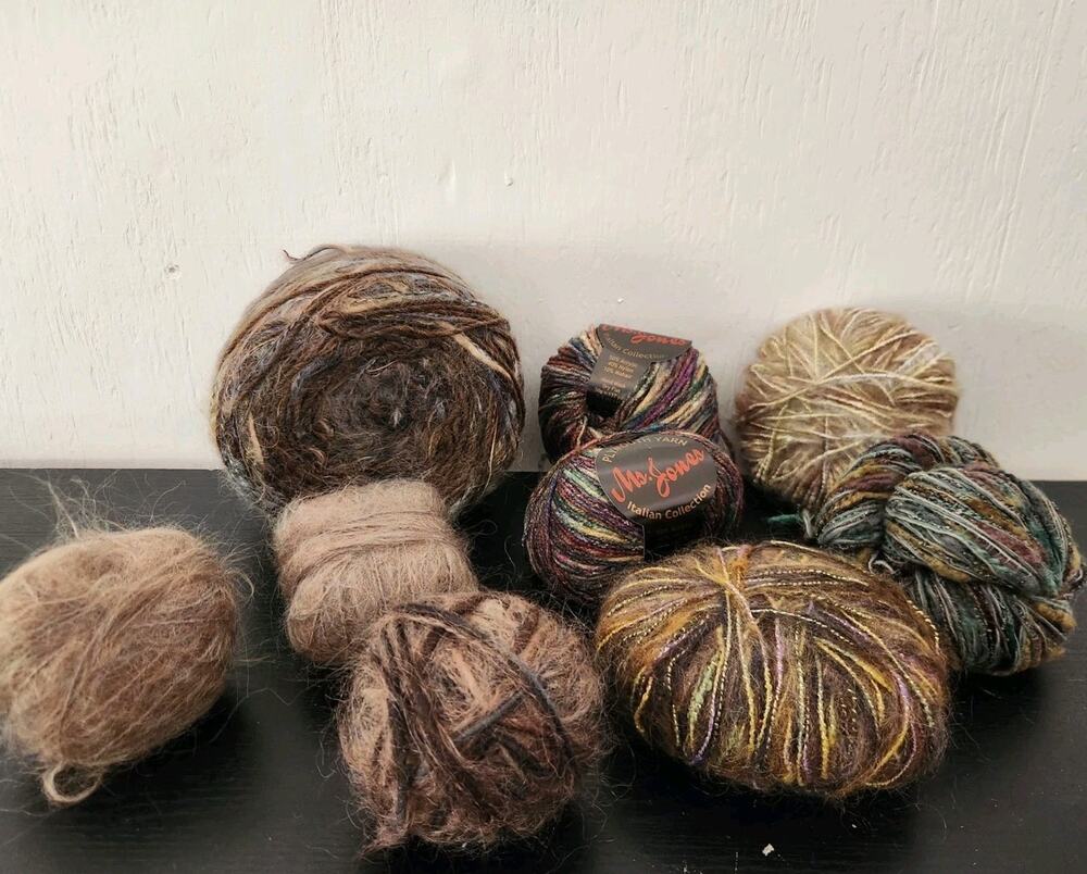 Luxury Yarn Lot Mohair Fuzzy Ribbon Textured Art Yarn Mixed Fibers Earth Tone